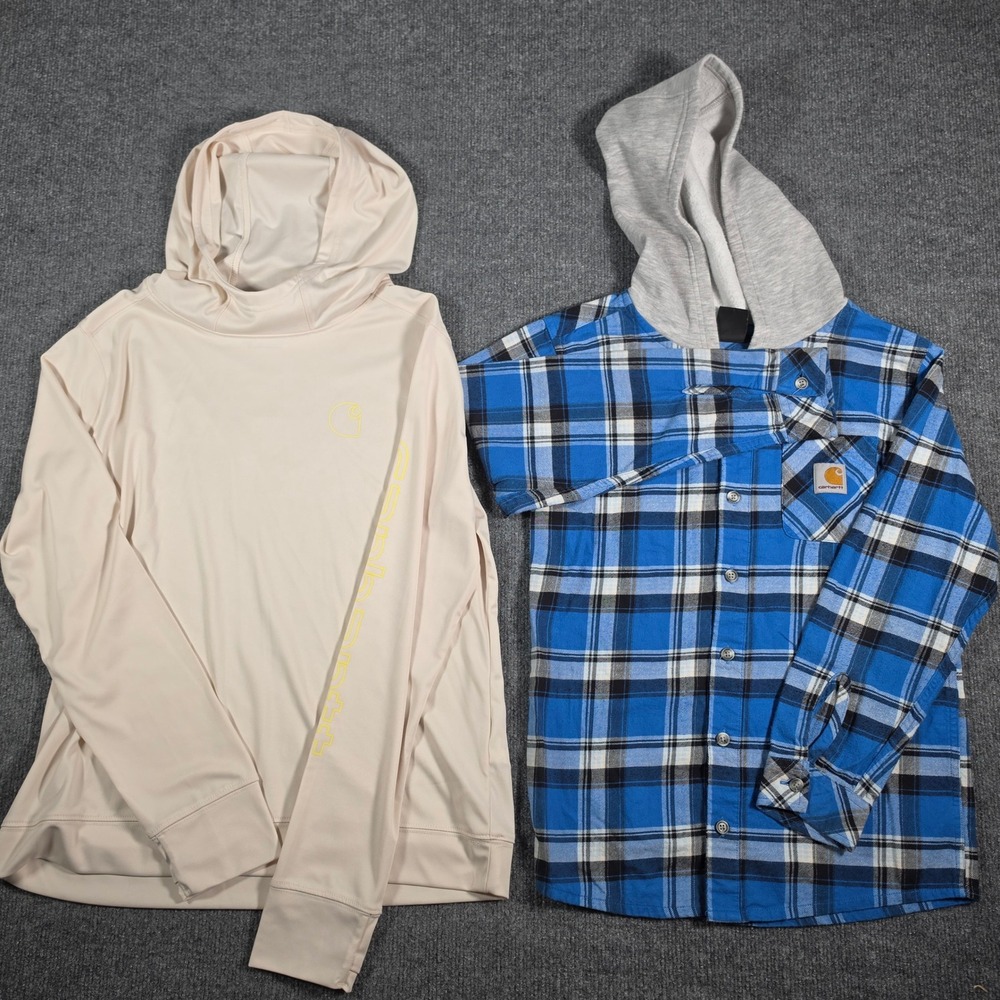 Carhartt Boys Bundle Force Sun Defender Hoodie & Plaid Hooded Shirt Size M 8-12